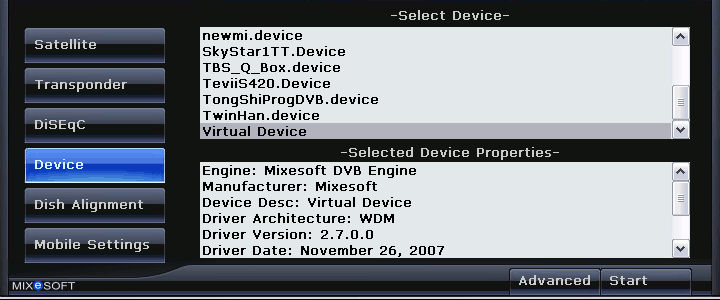 Select DVB-S/DVB-S2 device